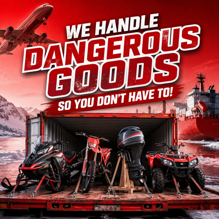 snowmobile shipping Nunavut, ATV shipping to Nunavut, ship dirt bike to Iqaluit, outboard motor shipping, DG freight forwarder Canada, TDG compliant shipping, northern logistics Canada