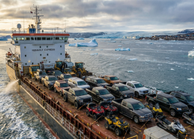 Sealift ship transporting vehicles to Nunavut from Ottawa